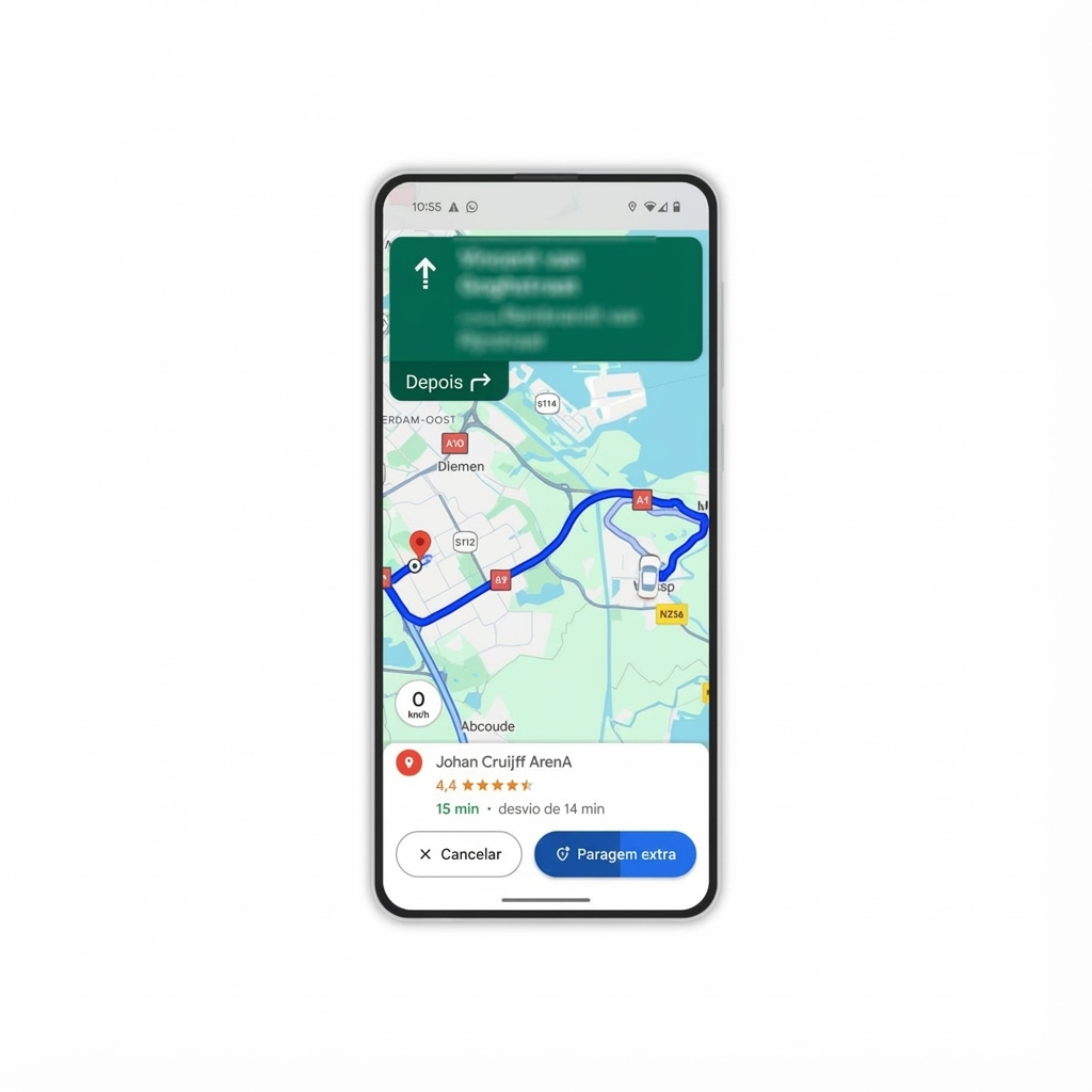 Um smartphone exibe um mapa de navegação com uma rota azul destacada perto de Amesterdão, mostrando o Johan Cruijff ArenA como destino.